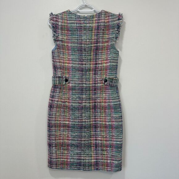 Akris Punto Multicolored Bleached Denim Dress 4 Tweed Plaid Career Fringe‎ NWT - Picture 9 of 10